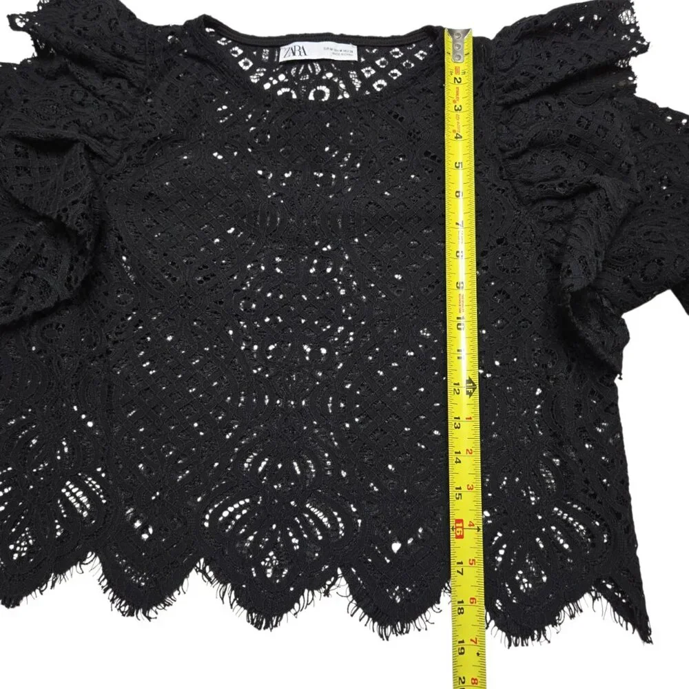 Zara Crop Top Women Medium Black‎ Sheer Open Knit Bell Sleeve Whimsigoth Ruffle